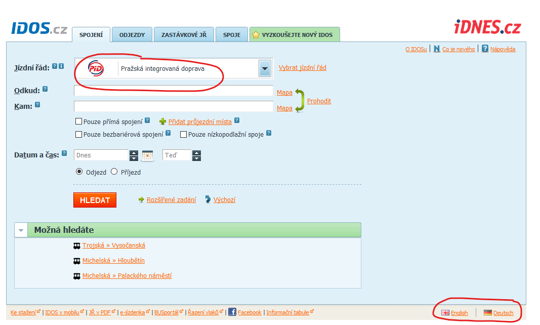 IDOS - switching language and timetable